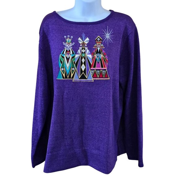 Bob Mackie Wearable Art Purple Sweater With Geometric Designs & Metallic Thread - Picture 1 of 9